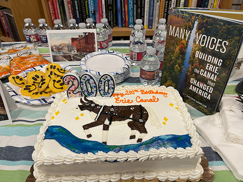 A closeup of the 200th Anniversary cake celebrating the Erie Canal at Laurie Lawlor's book release party for Many Voices