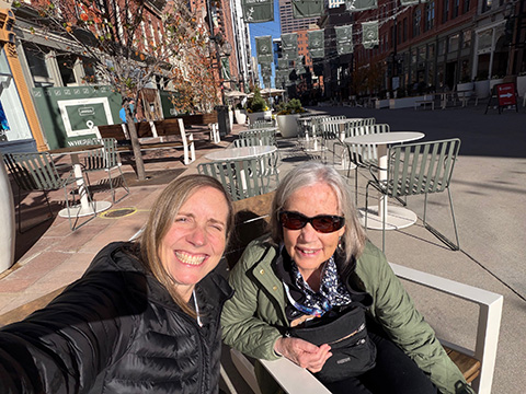 Educator Megan Beaudoin and author Laurie Lawlor in Denver, Colorado, enjoying a coffee break